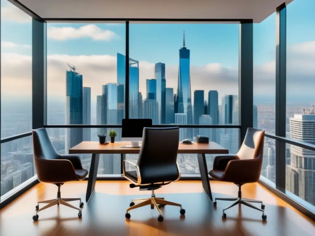 Oficina moderna con vista a la ciudad para inversores Oficina moderna con vista a la ciudad para análisis mercado inmobiliario para inversores