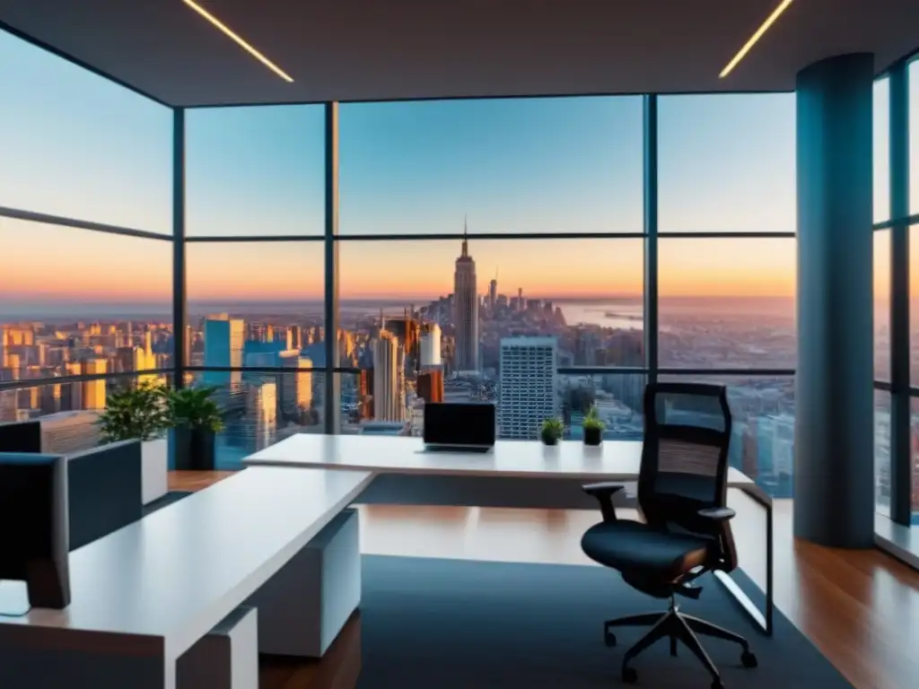 Oficina moderna con vista urbana: 8k ultradetallada Oficina moderna con vista a la ciudad y muebles contemporáneos, ideal para personalización informes valoración propiedades