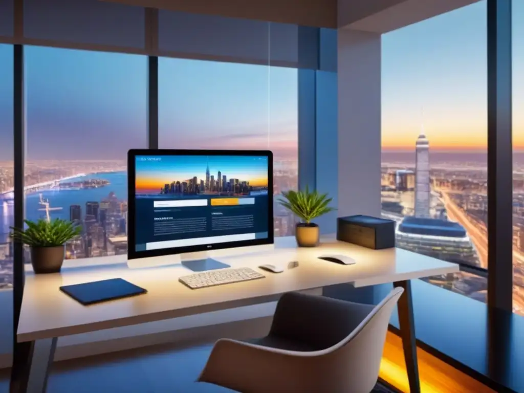 Oficina moderna con vista panorámica: ¡inspiración inmobiliaria! Oficina moderna con vista a la ciudad, gadgets de alta tecnología y libros de gestión inmobiliaria