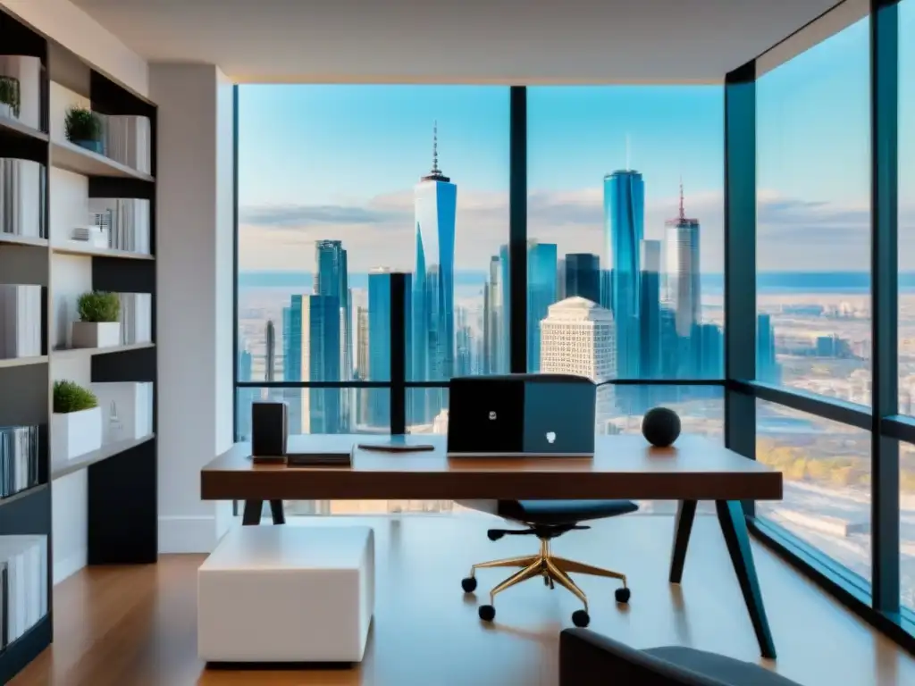 Oficina de asesor inmobiliario: fusión moderna y tradicional Oficina moderna con vista a la ciudad, muebles contemporáneos y gráficos de inversión inmobiliaria