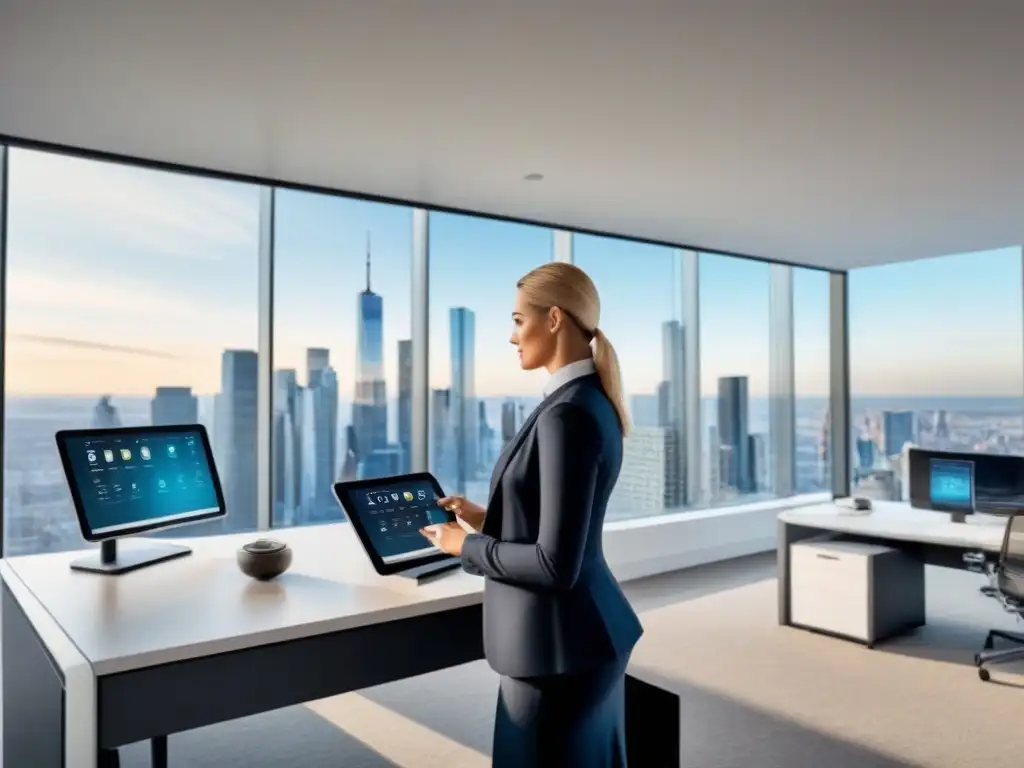 Oficina moderna de lujo con vista a la ciudad y tecnología de vanguardia Oficina moderna con vista a la ciudad, muebles elegantes y software de gestión inmobiliaria