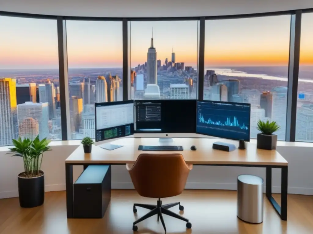 Oficina moderna con vista panorámica: marketing inmobiliario innovador Oficina moderna con vista a la ciudad y tecnología de Inteligencia Artificial en Marketing Inmobiliario