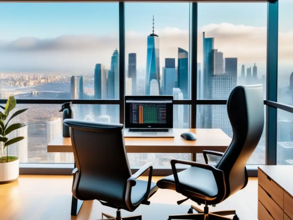 Oficina moderna con vista a la ciudad para analizar KPIs inmobiliarios Oficina moderna con vista a la ciudad, escritorio con gráficos de inversión inmobiliaria y libros de análisis