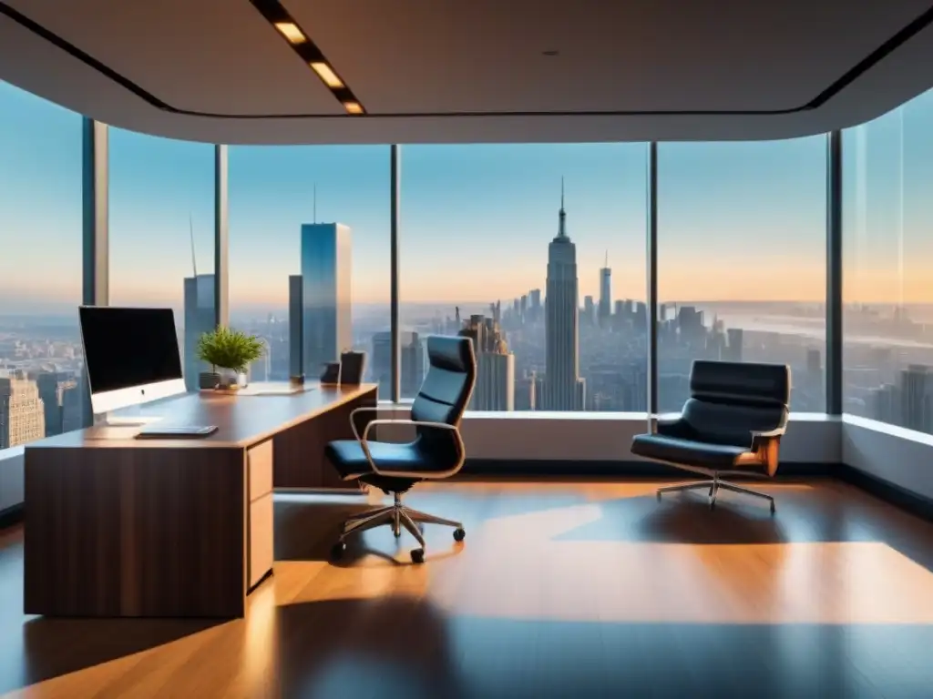 Oficina moderna con vistas a la ciudad: 8k detallado Oficina moderna con vista a la ciudad, muebles elegantes y documentos financieros organizados