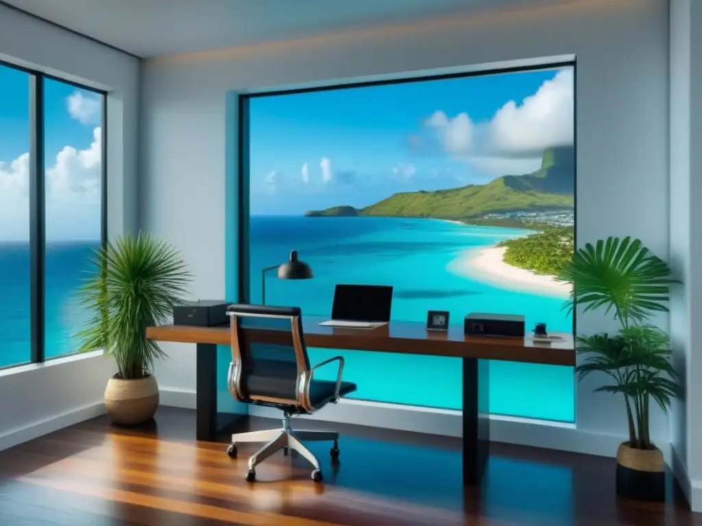 Oficina de lujo en el Caribe: diseño moderno con vistas al mar Oficina moderna en el Caribe con vista al mar turquesa, escritorio de vidrio, silla ergonómica y plantas verdes