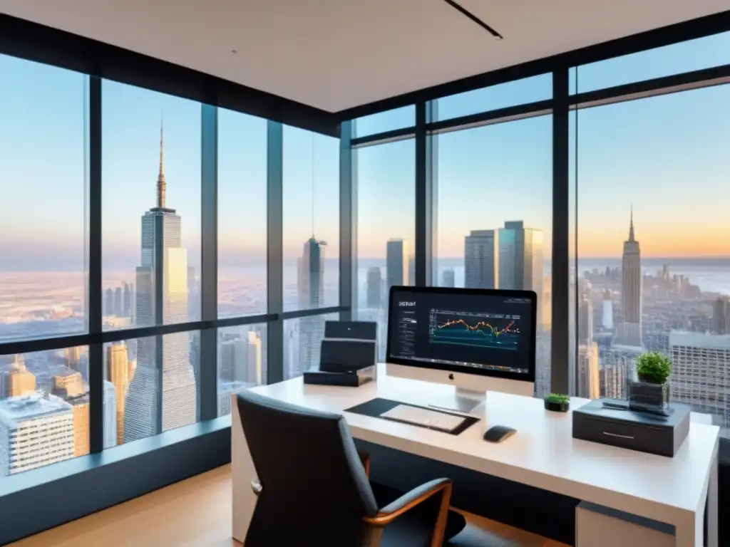 Elegante oficina con vista panorámica para inversión inmobiliaria Oficina moderna con vista panorámica de la ciudad, libros de inversión inmobiliaria y notas sobre apalancamiento en bienes raíces