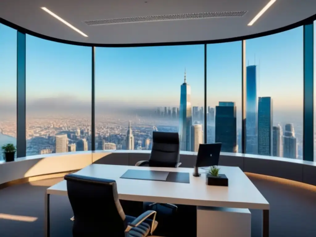 Oficina moderna con vista panorámica para financiamiento e inversiones Oficina moderna con vista panorámica a la ciudad para planificación fiscal inversiones inmobiliarias