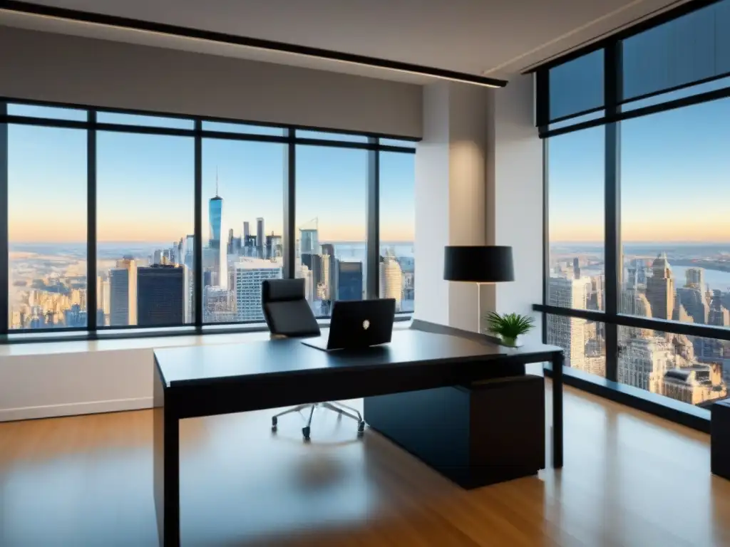 Oficina moderna con vista panorámica: Finanzas y bienes raíces Oficina moderna con vista panorámica de la ciudad y elementos financieros y de restauración