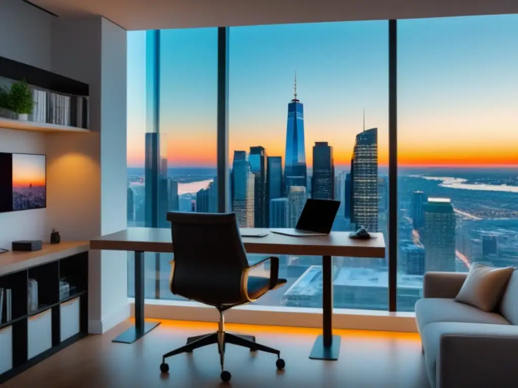 Oficina en casa moderna con vista panorámica de la ciudad Una oficina moderna con vista panorámica a la ciudad, ideal para invertir en bienes raíces con plataformas online