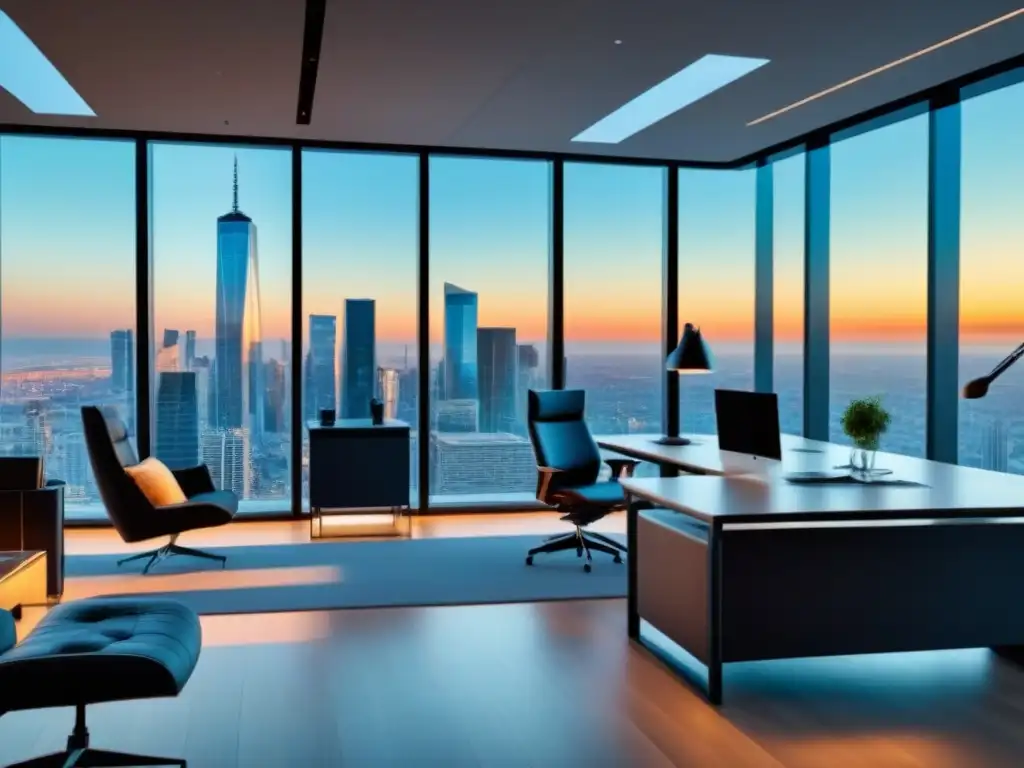 Oficina moderna con vista panorámica: inversión inmobiliaria online Oficina moderna con vista panorámica de la ciudad, mobiliario contemporáneo y datos de inversión inmobiliaria en tiempo real
