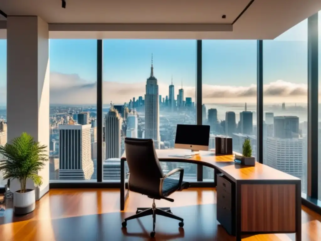 Oficina moderna con vista panorámica a la ciudad y elegante mobiliario Oficina moderna con vista panorámica de la ciudad, libros sobre 'Riesgos en inversiones inmobiliarias'
