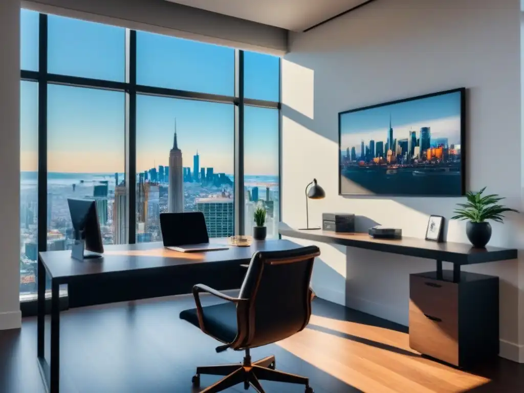 Oficina minimalista con vista panorámica en la ciudad Oficina moderna con vista panorámica a la ciudad, ideal para estrategias de salida inversor inmobiliario