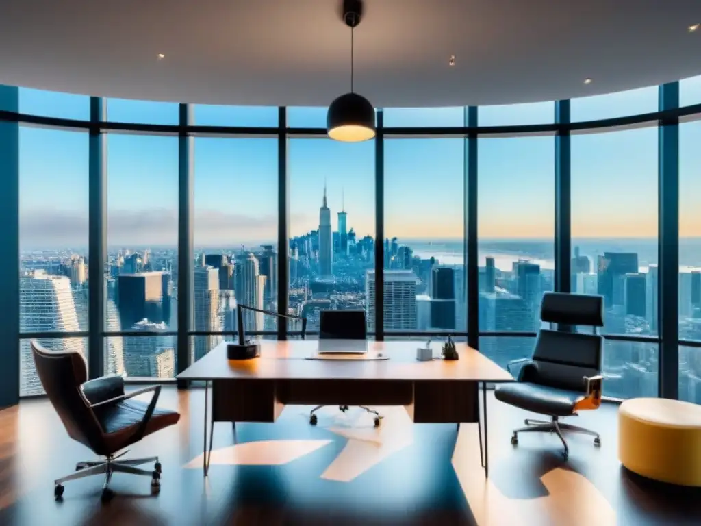Oficina moderna con vista panorámica: sofisticación y productividad Oficina moderna con vista panorámica a la ciudad, muebles contemporáneos y tecnología, reflejando éxito y estrategia en inversión inmobiliaria
