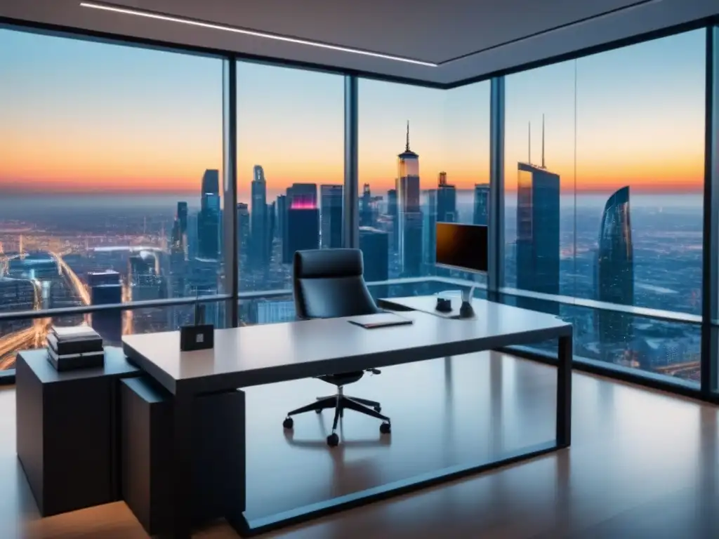 Oficina moderna y lujosa con vista panorámica de la ciudad Oficina moderna con vista panorámica a la ciudad, amueblada con elegancia y tecnología