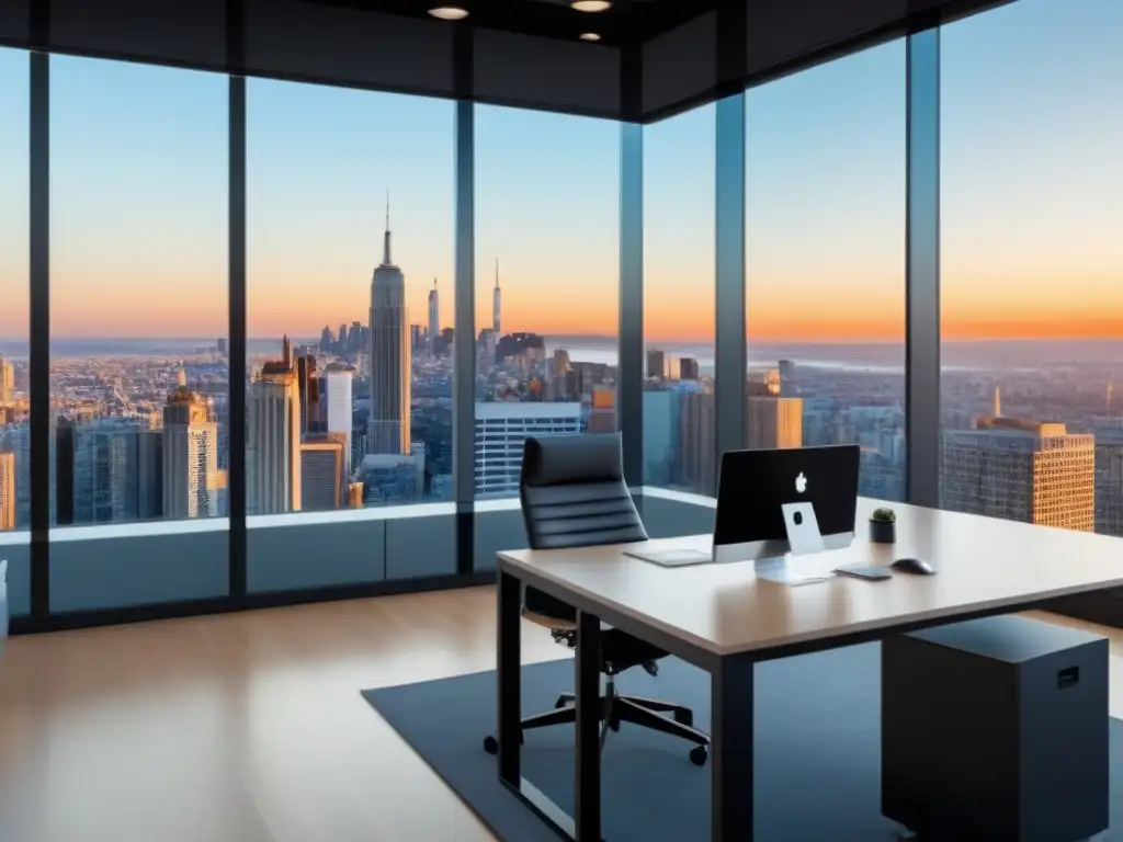 Oficina moderna con vista panorámica y estrategias de marketing inmobiliario en redes sociales Oficina moderna con vista panorámica de ciudad, muebles contemporáneos y pantallas digitales