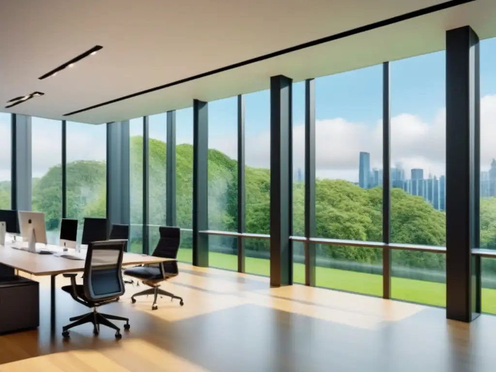 Oficina de arquitectura moderna con vista a parque Oficina moderna con vista a parque, equipo de diversidad en reunión, evaluación riesgo ambiental bienes raíces