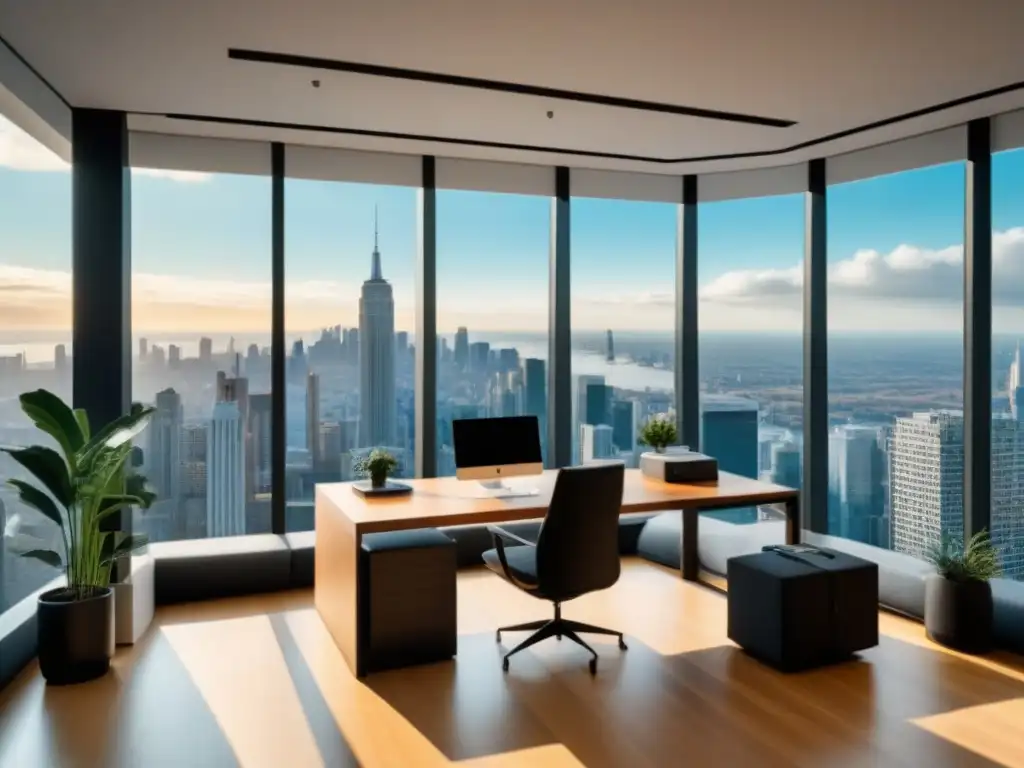 Oficina moderna con vistas panorámicas para planificación estratégica Oficina moderna con vista urbana, ideal para construir portafolio inmobiliario online