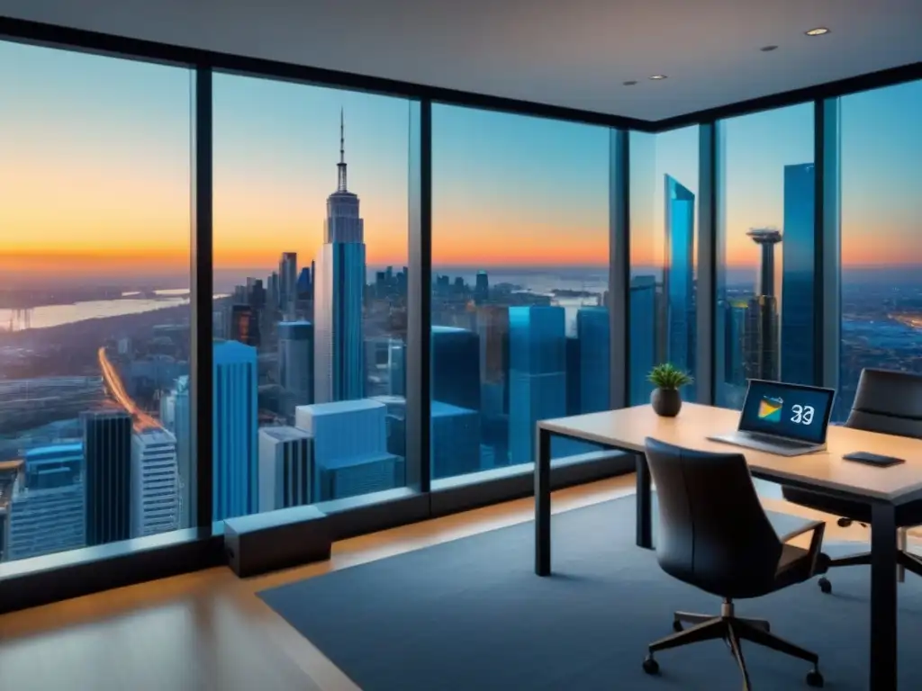 Oficina moderna con vista panorámica: ROI en inversión inmobiliaria Oficina moderna con vistas a la ciudad, mobiliario elegante y tecnología avanzada