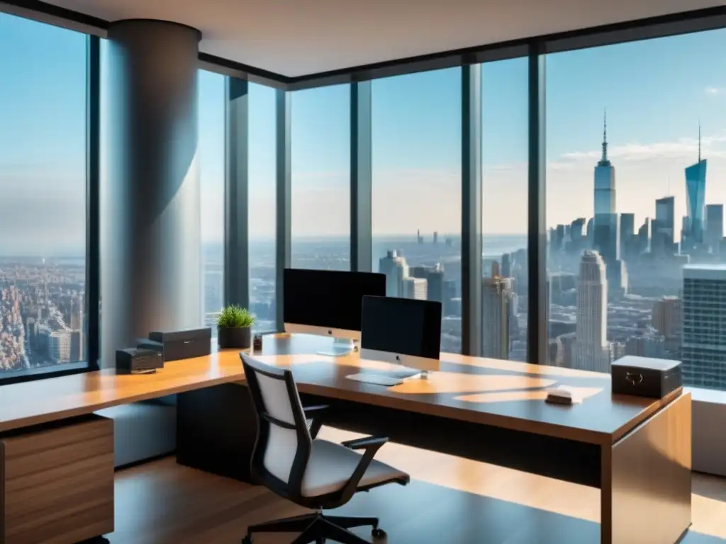 Oficina moderna con vista urbana en 8k Oficina moderna con vistas a la ciudad para construir portafolio inmobiliario online