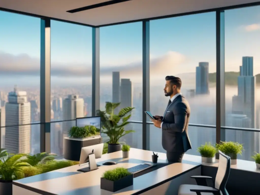 Oficina moderna con vista panorámica y marketing inmobiliario en Sudamérica Oficina moderna con vistas a la ciudad, persona trabajando en redes sociales compra venta inmuebles