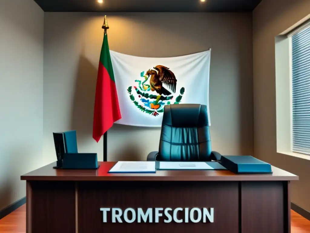 Oficina notarial moderna en México: confianza y profesionalismo Oficina notarial en México: diseño moderno, bandera mexicana prominente, asesoría profesional