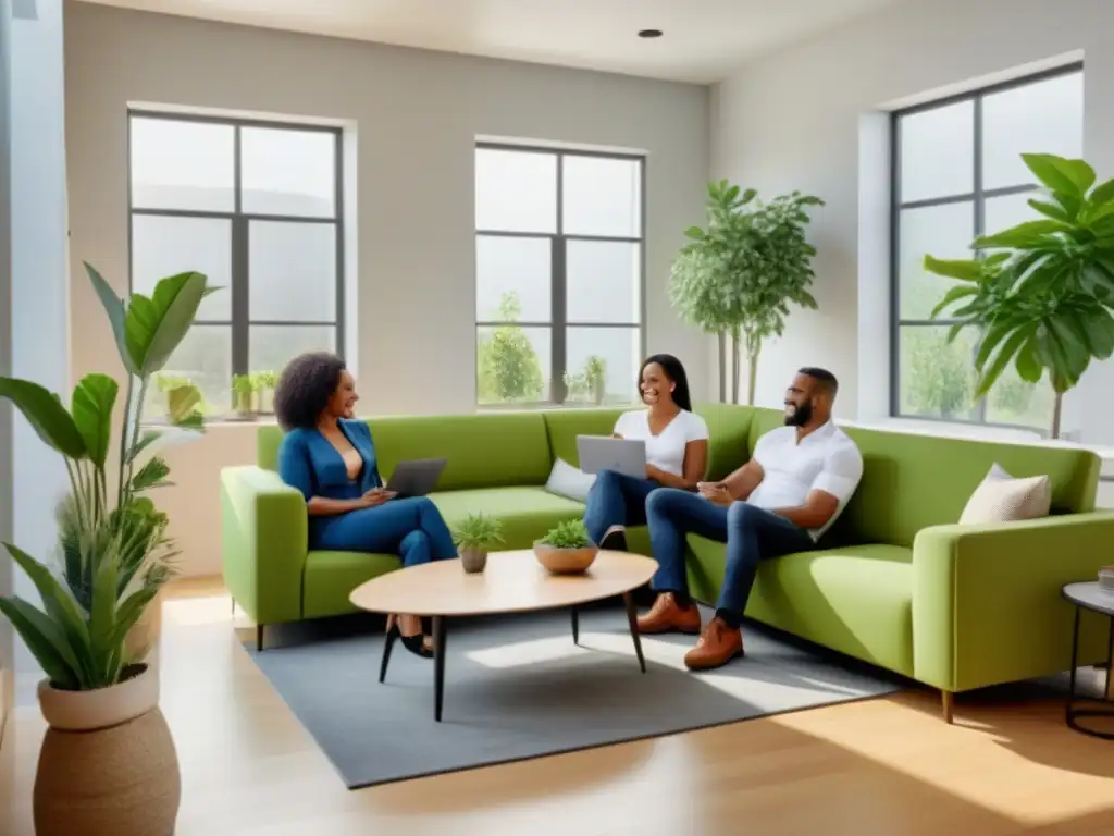 Conversación de confianza: diversidad en la oficina de seguros Una oficina de seguros moderna y acogedora, donde propietarios diversos discuten opciones de seguro con un agente profesional