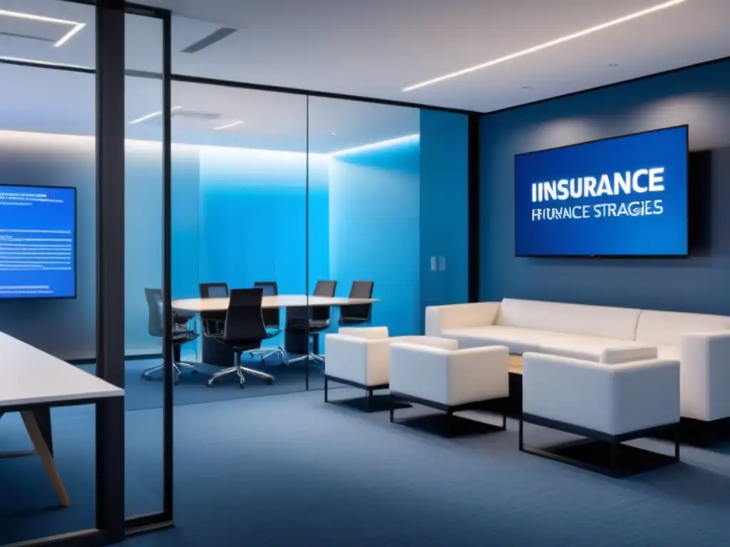 Oficina de Seguros Futurista: Profesionalismo e Innovación en Acción Oficina de seguros moderna y futurista con profesionales diversificados discutiendo estrategias de gestión de riesgos