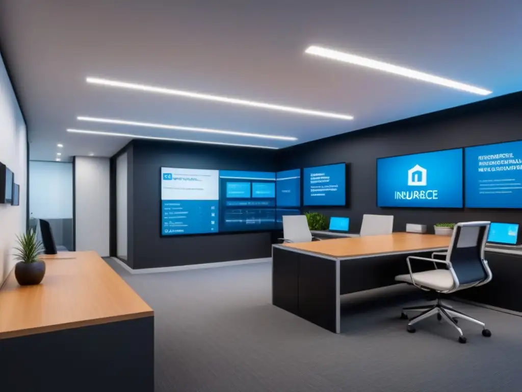 Oficina de seguros moderna para propiedades comerciales Oficina de seguros para propiedades comerciales moderna y sofisticada con gadgets de alta tecnología y datos en pantalla digital