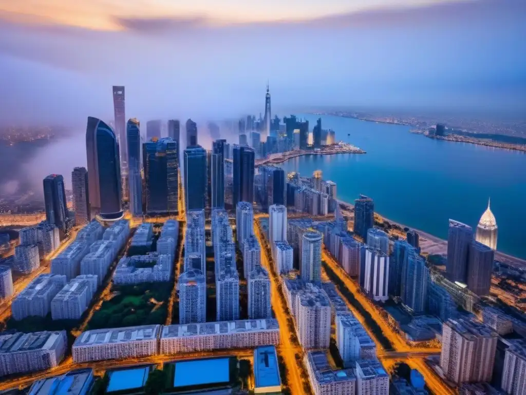 Inversión inmobiliaria: ciudad moderna al atardecer Opciones financiamiento inmobiliario inversores: Ciudad moderna iluminada al anochecer, con rascacielos brillantes y luces vibrantes