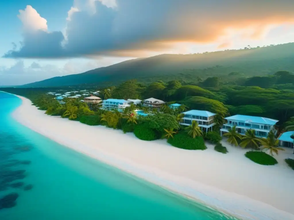 Costa de Jamaica: lujo caribeño en paisaje vibrante Oportunidades de inversión en Jamaica: Vista aérea asombrosa de la costa caribeña, aguas turquesas, playas blancas y propiedades de lujo