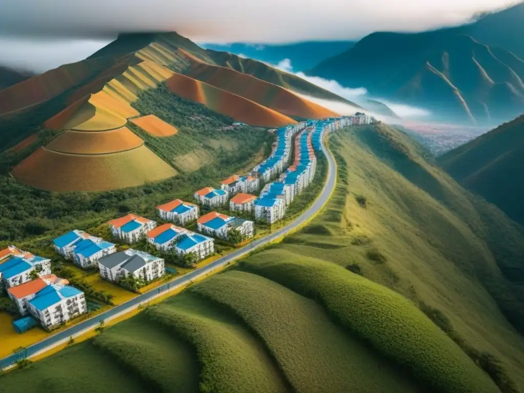 Desarrollo inmobiliario en Bolivia: modernidad en armonía con la naturaleza Oportunidades mercado inmobiliario Bolivia: Vista aérea de modernos edificios rodeados de naturaleza y montañas en Bolivia