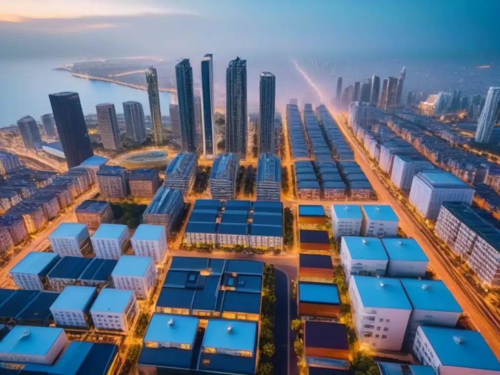 Metrópolis en desarrollo: atractivo aéreo urbano en auge Oportunidades en mercados emergentes: vista aérea impresionante de una ciudad dinámica con rascacielos y calles vibrantes
