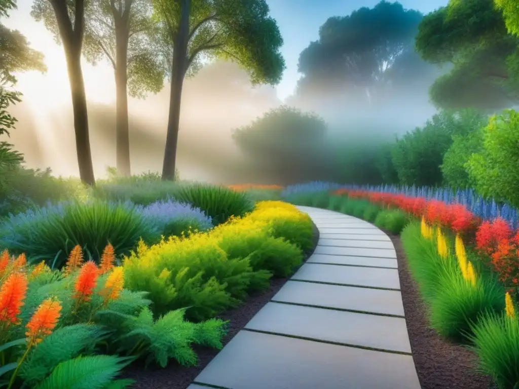 Jardín nativo: belleza y armonía en la restauración del paisaje Un paisaje exuberante y vibrante con vegetación nativa crucial en restauración paisajes