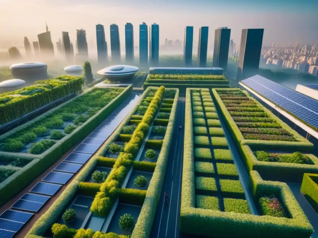 Metrópolis futurista: armonía verde y tecnológica al atardecer Un paisaje futurista de una ciudad dominada por vegetación exuberante y tecnología limpia, con oportunidades de inversión en infraestructura verde