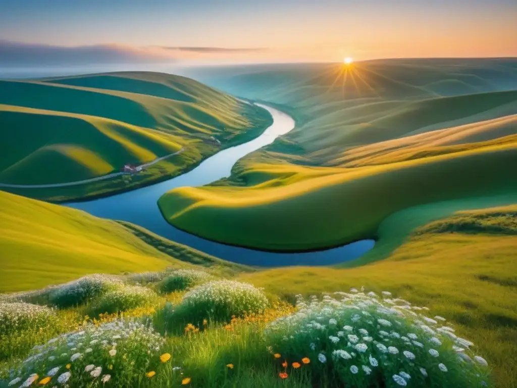Esplendor natural: atardecer sereno en paisaje virgen Paisaje natural con colinas verdes, río cristalino y flores silvestres coloridas