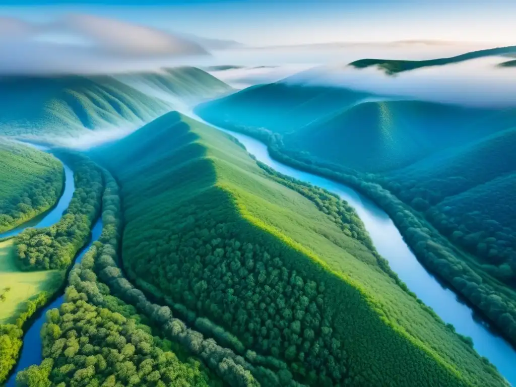 Majestuosa naturaleza virgen: paisaje natural preservado Un paisaje natural inmaculado con colinas, bosques y ríos bajo un cielo azul