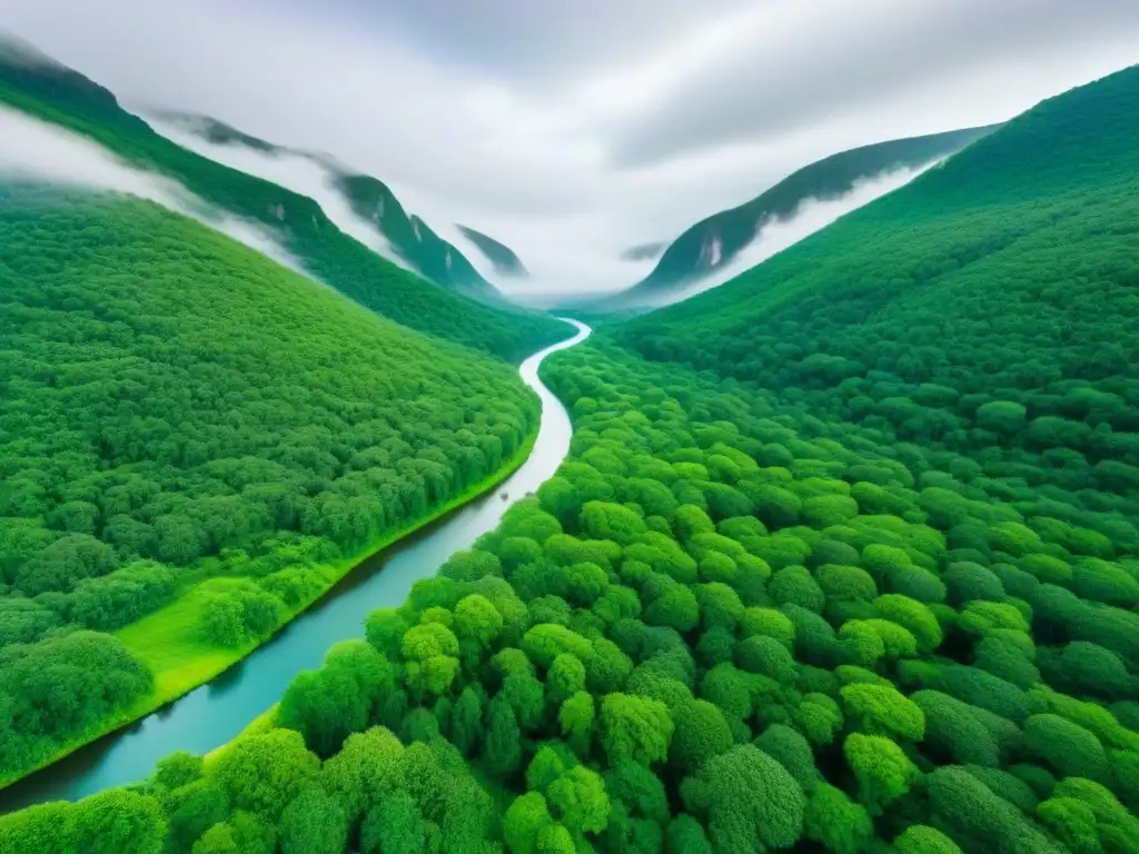 Restauración sostenible: paisaje exuberante en armonía Un paisaje restaurado con diseño sostenible: bosques verdes, ríos sinuosos y vida silvestre diversa, transmitiendo esperanza y rejuvenecimiento