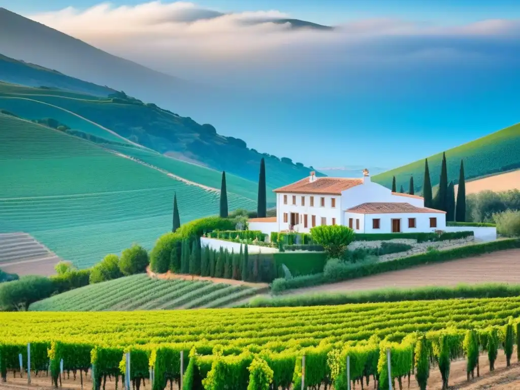 Esencia rural en España: viñedos verdes y montañas majestuosas Paisaje rural pintoresco en España con viñedos verdes, casa tradicional, flores coloridas y montañas al fondo