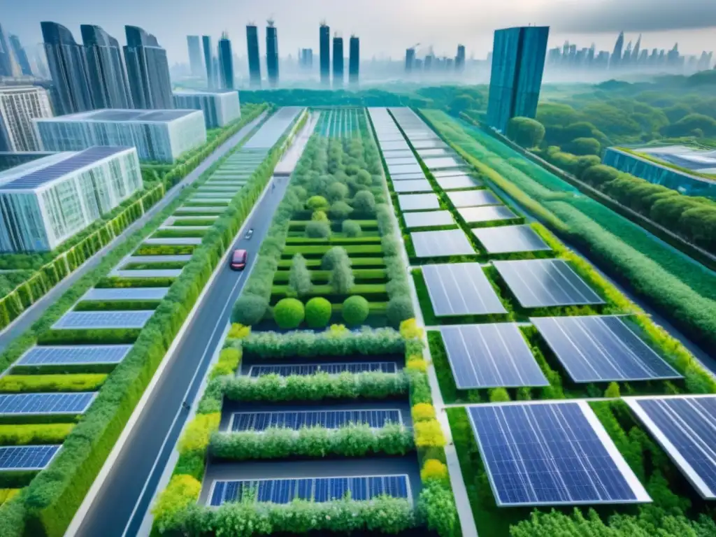 Metrópolis verde: integración futurista en la ciudad Un paisaje urbano asombroso con infraestructura verde integrada, fusionando lo moderno con lo tradicional
