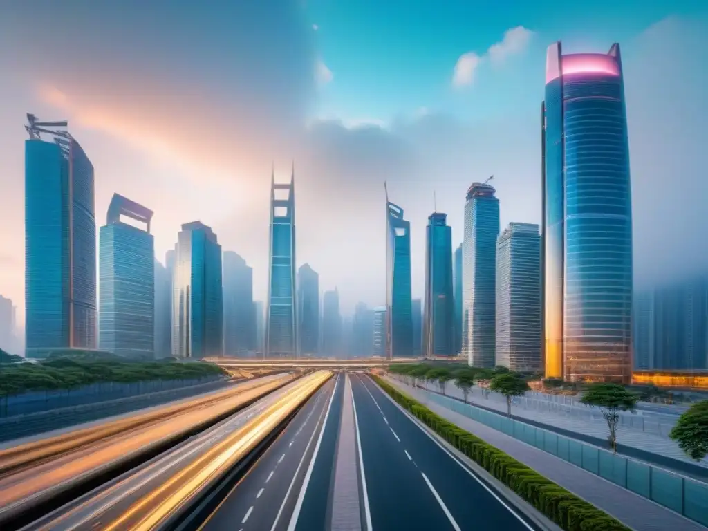 Metrópolis asiática: auge inmobiliario y modernidad Un paisaje urbano bullicioso en Asia-Pacífico, con rascacielos modernos y elementos tradicionales