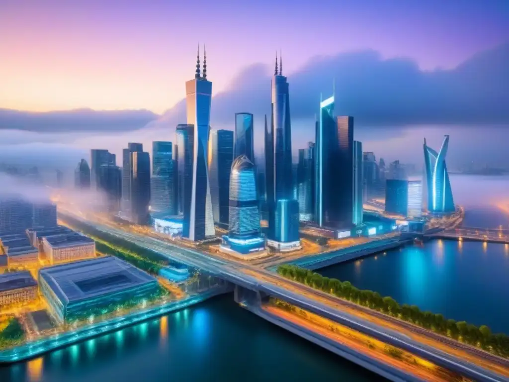 Metrópolis futurista: luces LED, arquitectura innovadora y diversidad urbana Un paisaje urbano bullicioso al atardecer con rascacielos iluminados, arquitectura futurista y calles vibrantes llenas de multitudes diversas
