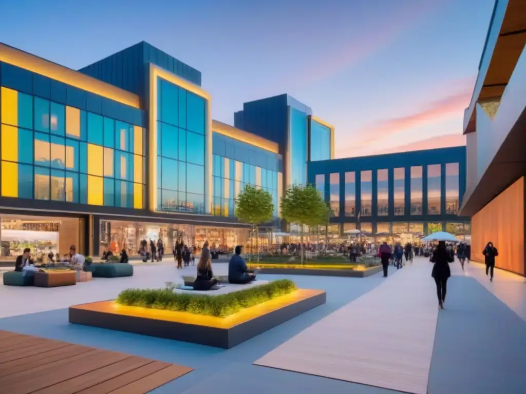 Metrópolis vibrante: modernidad y diversidad en desarrollo urbano Un paisaje urbano bullicioso al anochecer, con un desarrollo mixto moderno de rascacielos, espacios verdes y centros comerciales integrados