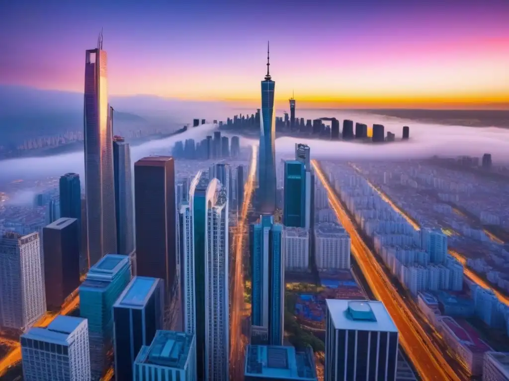 Metrópolis emergente: atardecer vibrante y rascacielos Paisaje urbano bullicioso de metrópoli emergente, reflejando oportunidad e inversión en impuesto propiedad mercados emergentes