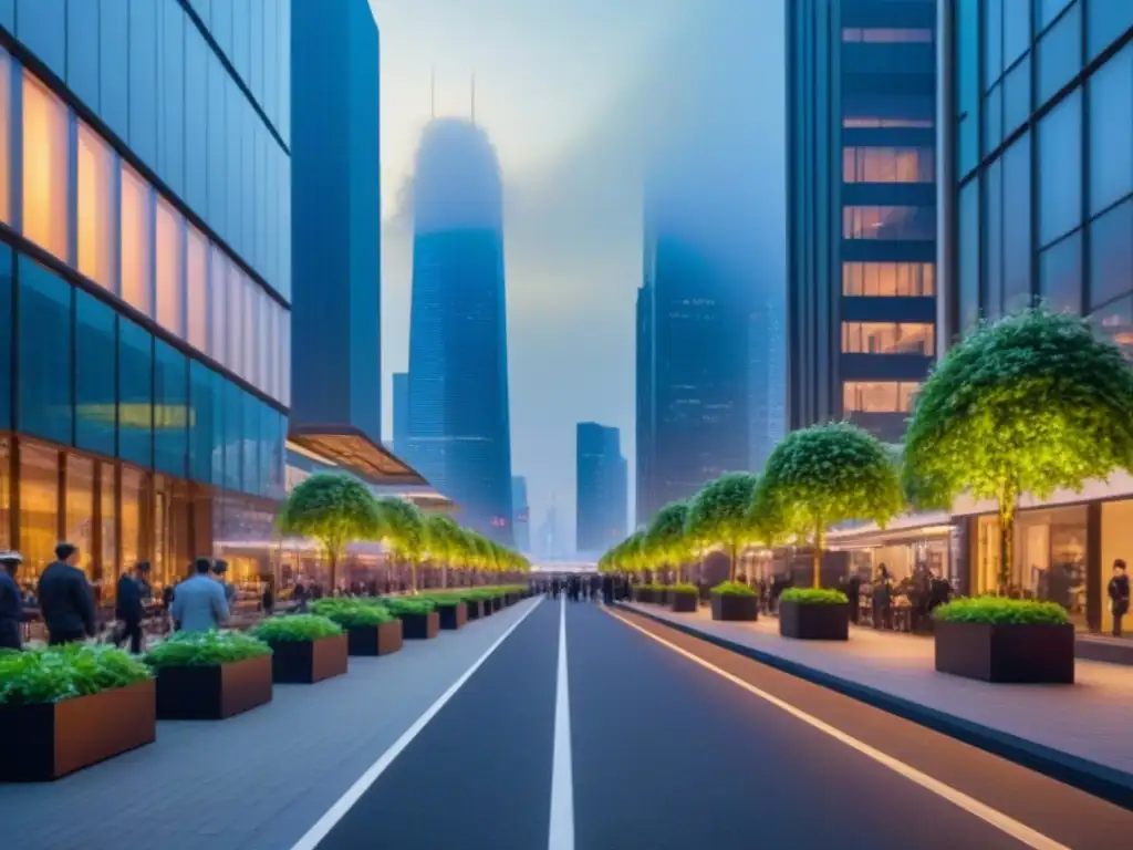 Entorno urbano futurista y verde al anochecer Un paisaje urbano bullicioso al anochecer con moderna arquitectura y rutas peatonales, destacando la mejora del valor inmobiliario