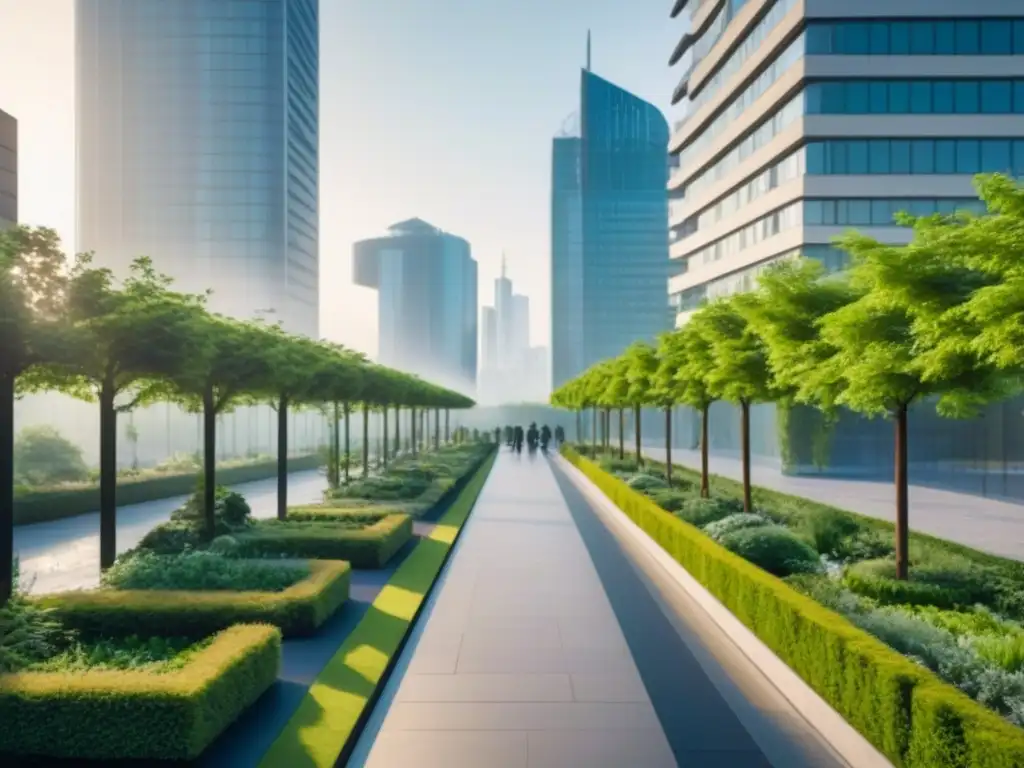 Arquitectura urbana fusionada con naturaleza en la ciudad Un paisaje urbano bullicioso con rascacielos modernos transformados en exuberantes espacios verdes