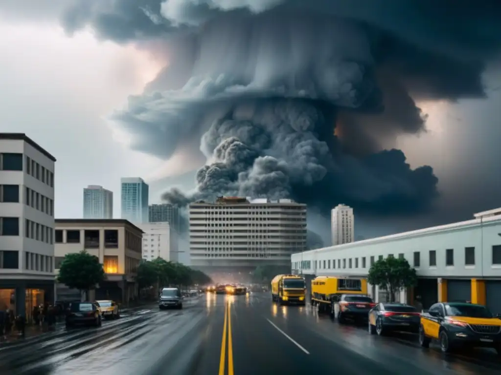 Huracán en la ciudad: caos y evacuación Paisaje urbano caótico tras un desastre natural