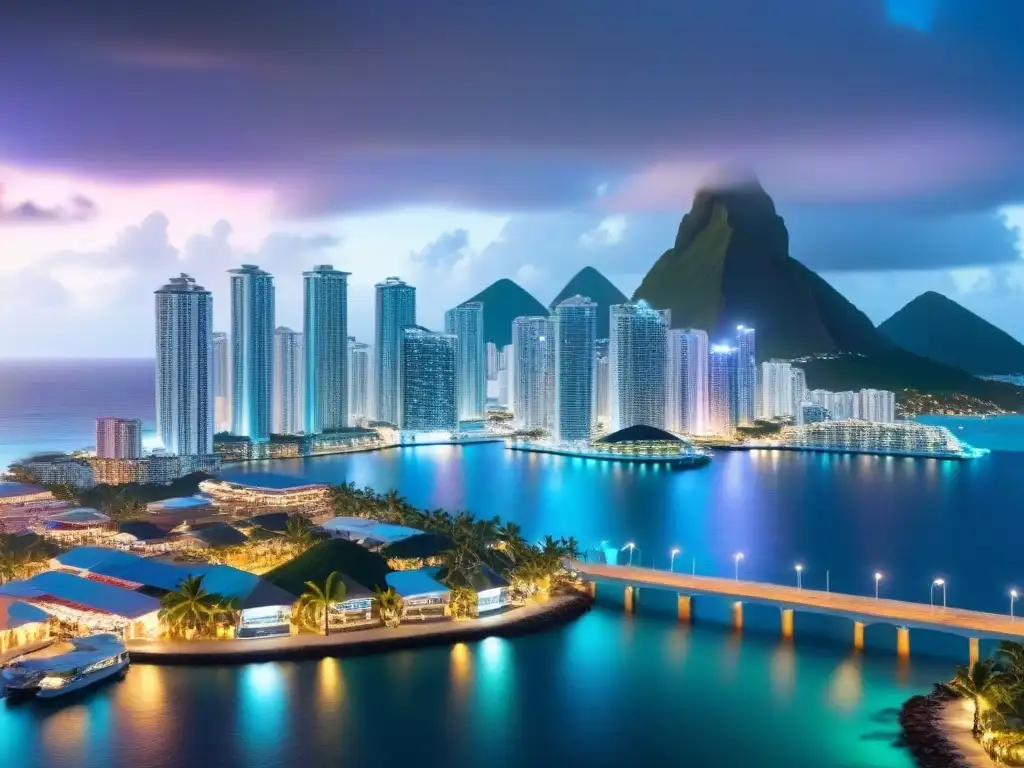 Blockchain revolutionizando transacciones inmobiliarias en el Caribe Un paisaje urbano caribeño futurista con red blockchain integrada, mostrando transacciones inmobiliarias digitales en tiempo real