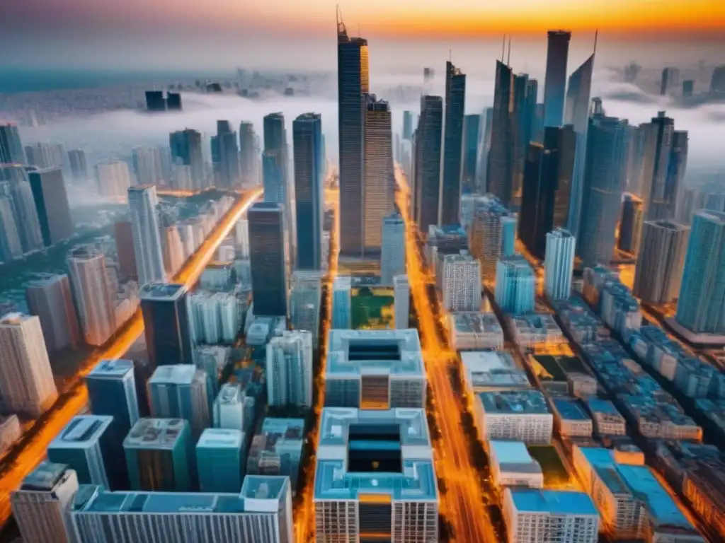Vibrante mercado inmobiliario: panorama urbano en crecimiento Un paisaje urbano dinámico con rascacielos modernos y edificios residenciales, reflejando el vibrante mercado inmobiliario