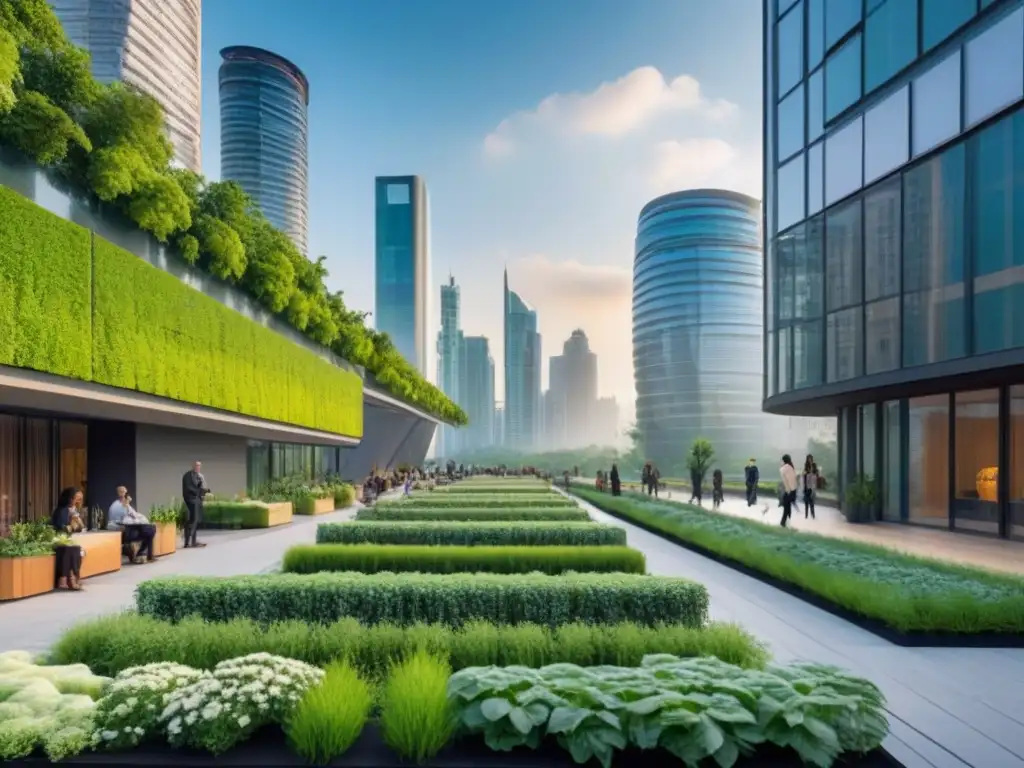 Metrópolis verde: integración perfecta de naturaleza y arquitectura urbana Un paisaje urbano con edificios futuristas verdes y naturaleza integrada, reflejando la integración de infraestructura verde en el mercado inmobiliario