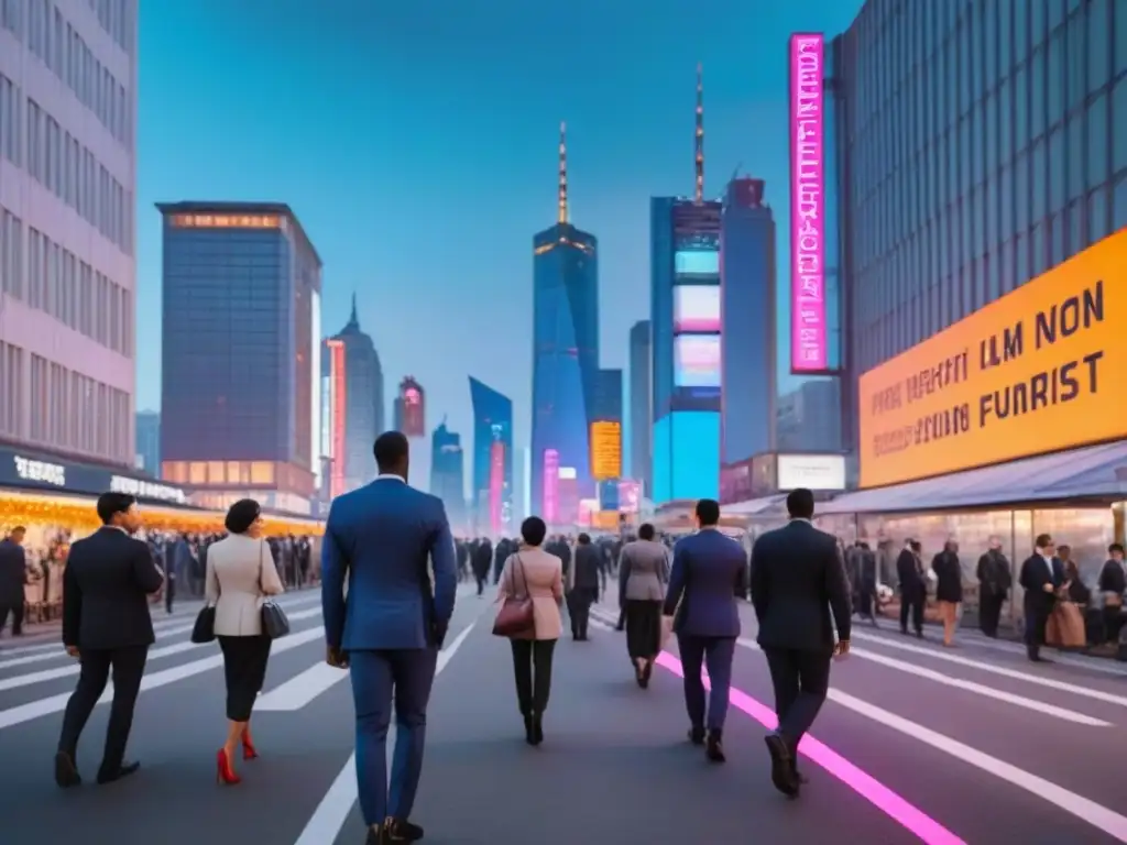 Metrópolis futurista: luces de neón y vida urbana en atardecer Un paisaje urbano futurista y animado al atardecer, con rascacielos iluminados por luces de neón y una calle bulliciosa llena de personas diversas